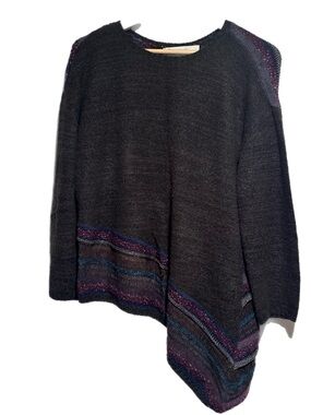 90s Curio Charcoal Asymmetrical  Knit Pullover Sweater with Multicolor Stripe
